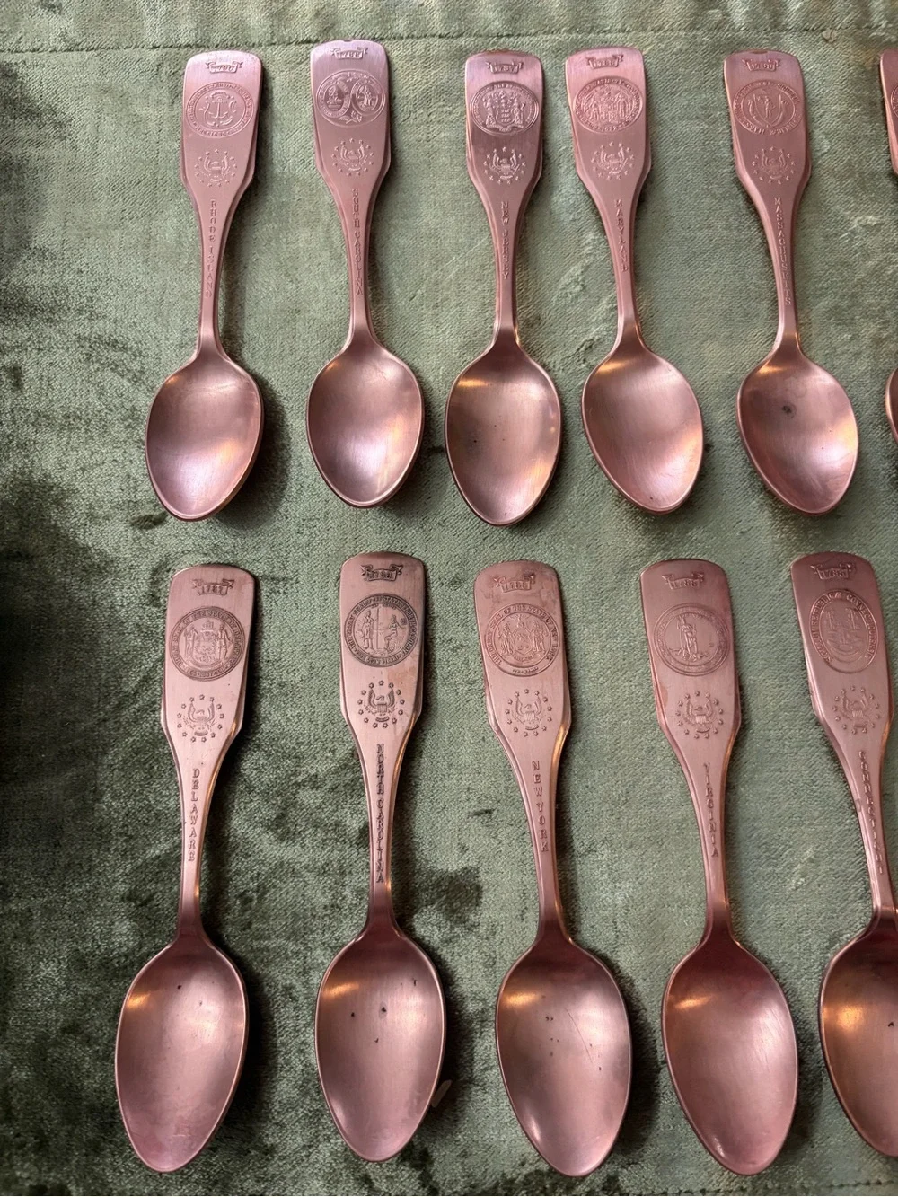 Vintage-13 Spoons United Silver Co.-Copper plated -vintage wall holder